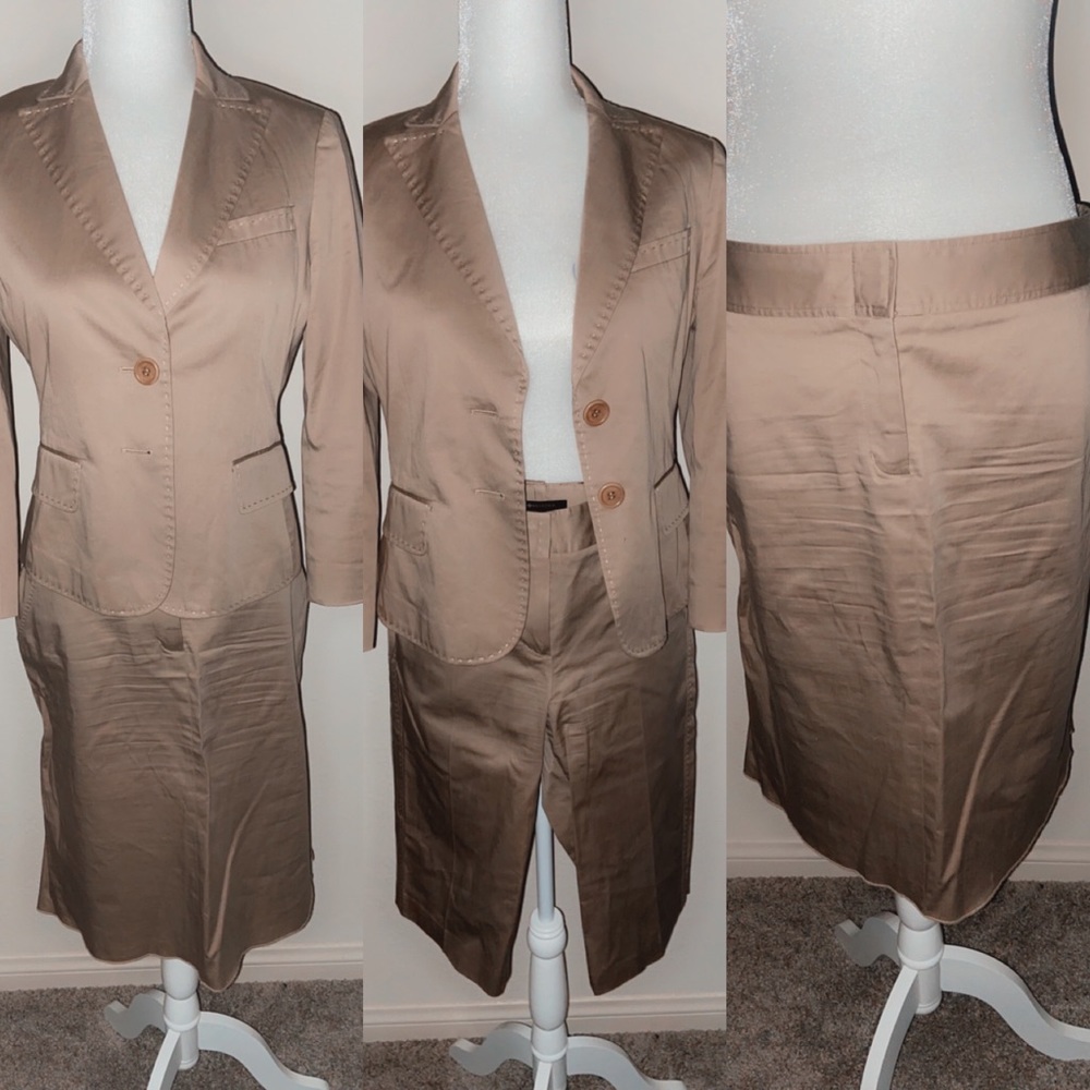 BCBG Tan suit skirt and shorts Jacket small skirt 6 shorts 6